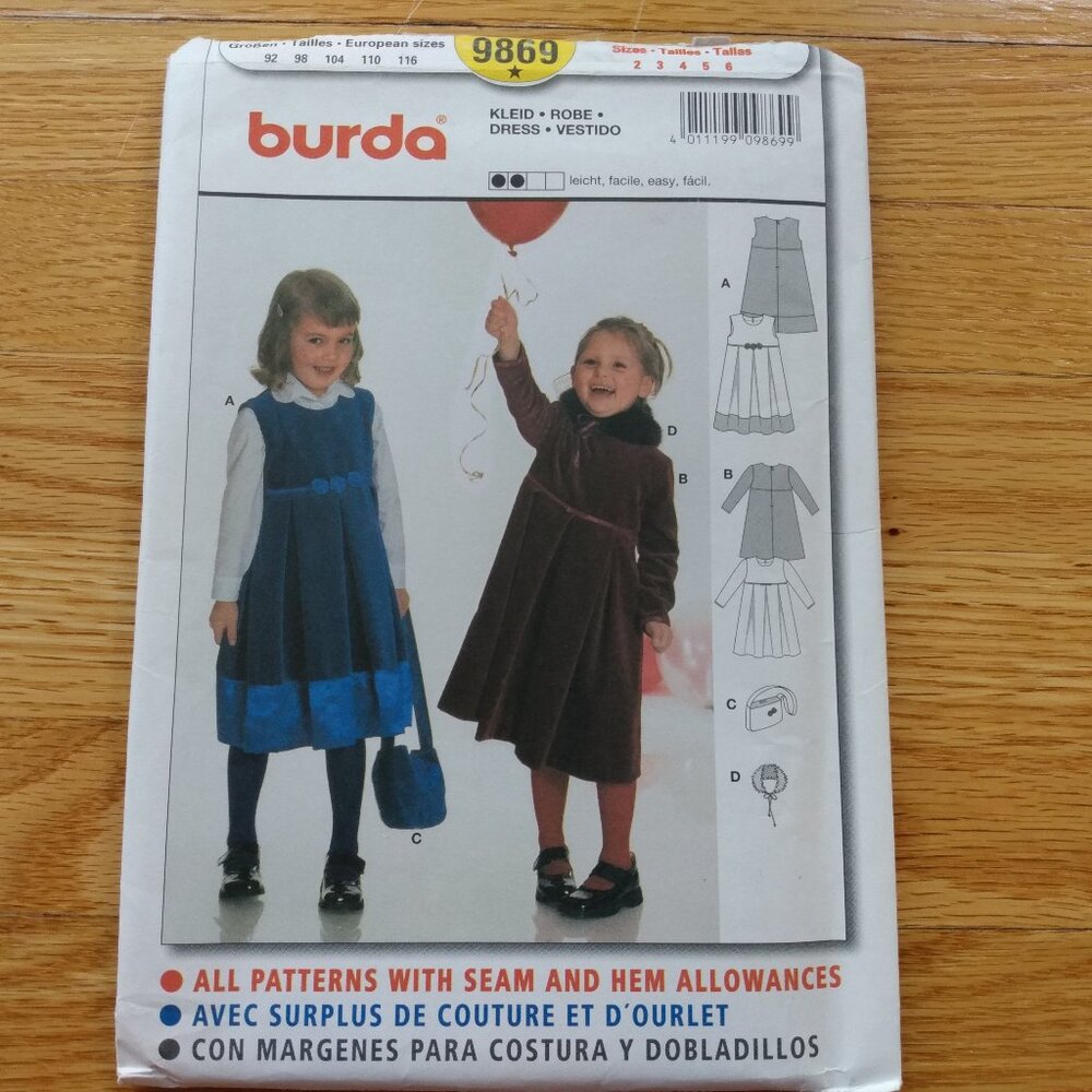 Vintage Girls Dress Sewing Pattern Size 2-6 Burda 9869 UNCUT